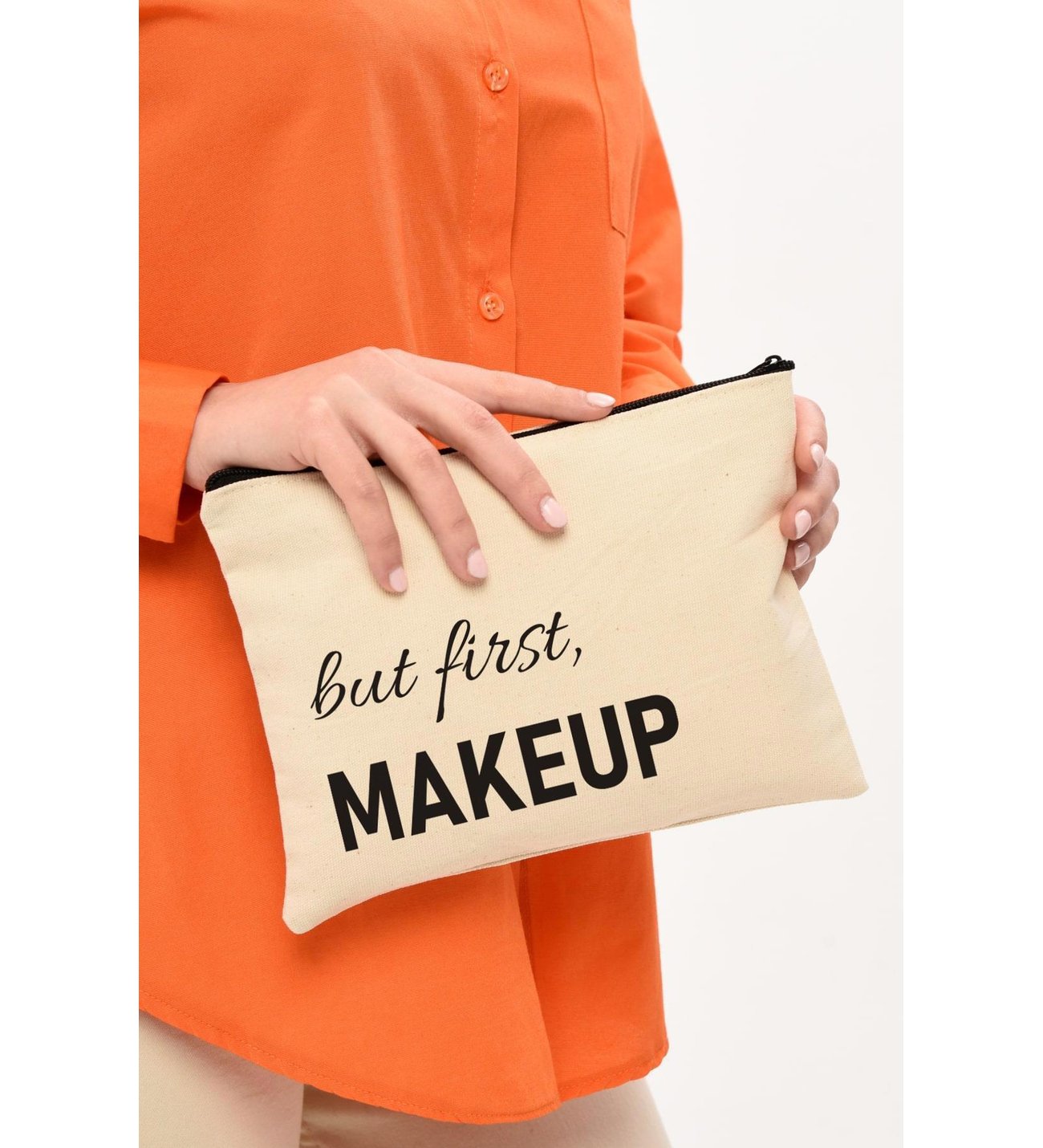 Clutch But First Makeup Baskılı Kanvas Makyaj Çantası